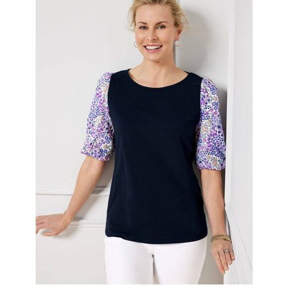 Talbots‎ Woven Sleeve Crew neck Tee Ditsy Size Small Petite blouse top - Picture 1 of 6